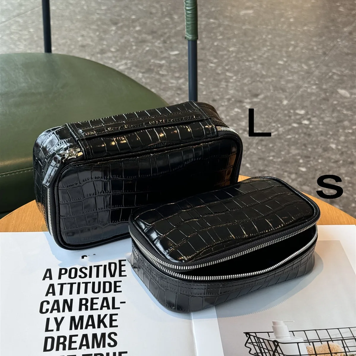 sac à cosmétiques portable en cuir de vachette véritable à motif crocodile, nouveau sac de toilette de voyage en cuir véritable, sac à maquillage pour femmes