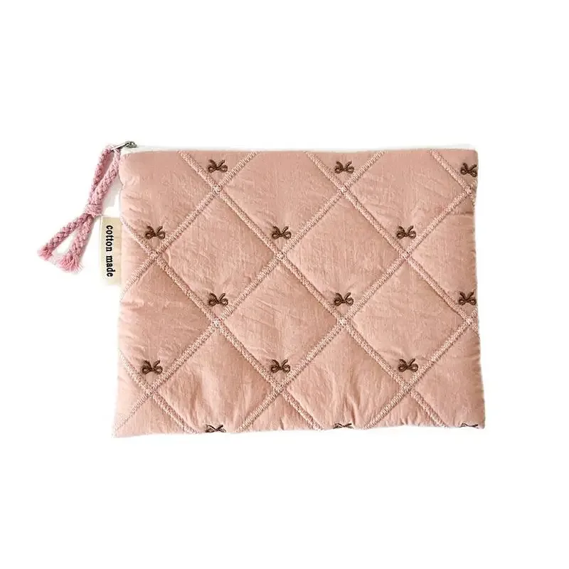 pochette à cosmétiques matelassée avec nœud brodé, grande capacité, sac à papeterie multifonctionnel, trousse à stylos