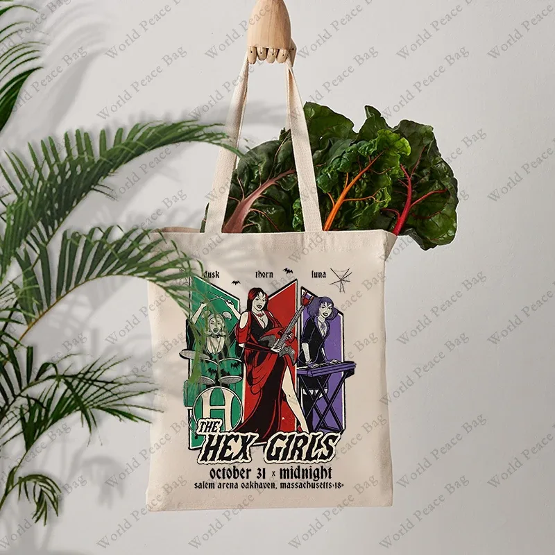 sac voyage toile motif hex girls beige bandoulière personnages stylisés voyage journee shopping réutilisable femmes