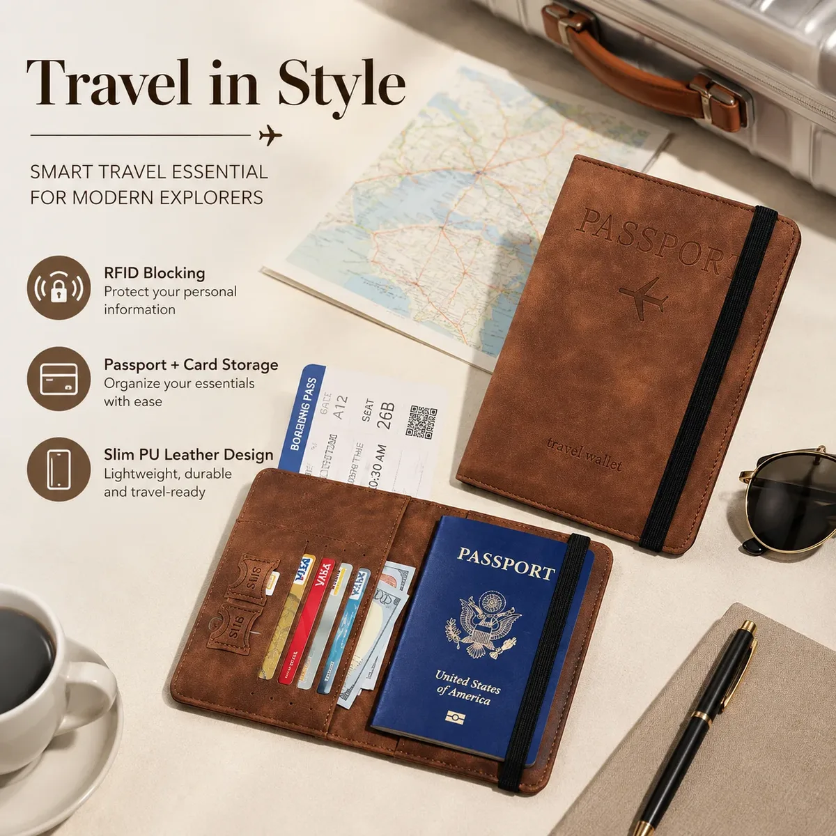 porte-passeport high beauty, portefeuille de voyage en cuir pu, simple et élégant, blocage rfid, 2 en 1