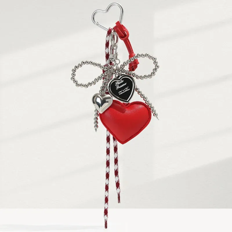 porte-clés en cuir brillant avec nœud en perles, breloque pour sac à dos coréen y2k, pendentif en forme de cœur d'amour, décoration de sac à main, cadeau