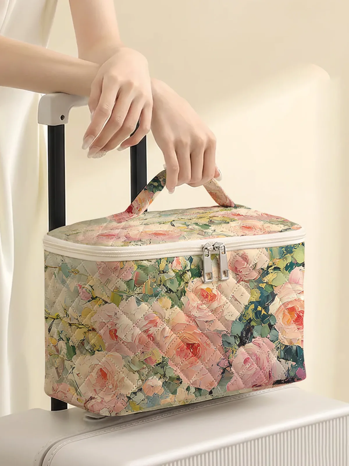 1 pièce, trousse de toilette de voyage portable avec motifs de roses, sac de rangement de voyage de grande capacité, trousse de maquillage mignonne et élégante