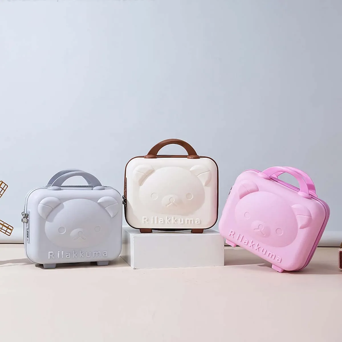 trousse toilette pp gris rose beige design rilakkuma visage oreilles relief voyage cosmétiques maquillage