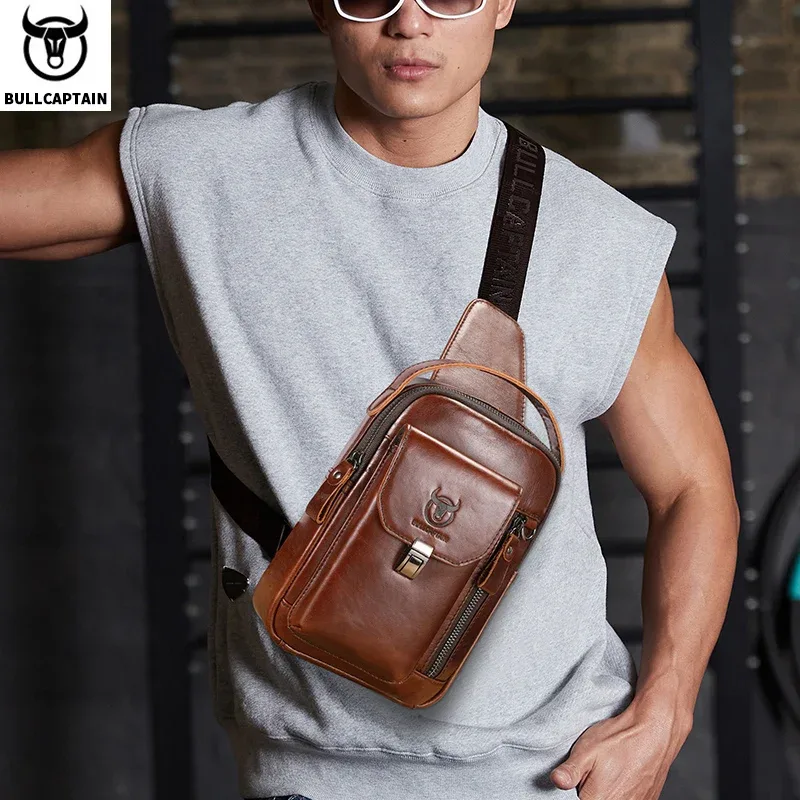 bullcaptain sac de poitrine en cuir véritable pour hommes décontracté rétro 7.9 pouces sac pour téléphone portable multifonctionnel antivol sac à bandoulière