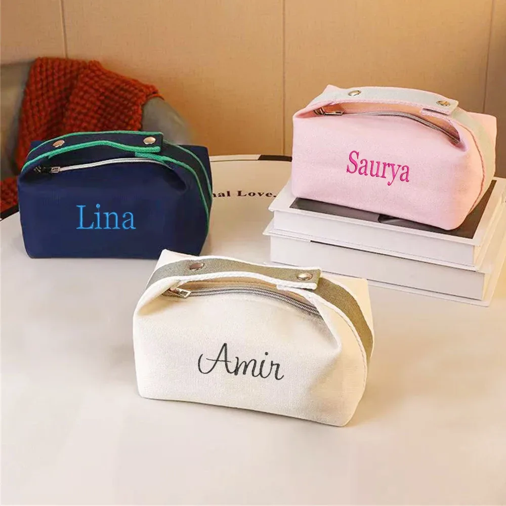 Sac en toile à main Portable Simple avec nom brodé personnalisé, sac de maquillage personnalisé pour femmes, sac de rangement étanche, trousse de toilette