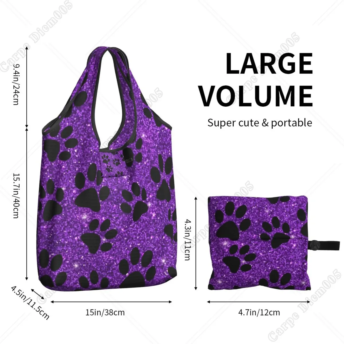 sac fourre-tout mignon pour femme, pattes de chien violet, sac de shopping pliant, travail de shopping, marche en plein air, mode sans fermeture à glissière, cuillère à soupe, rotterdam, kle
