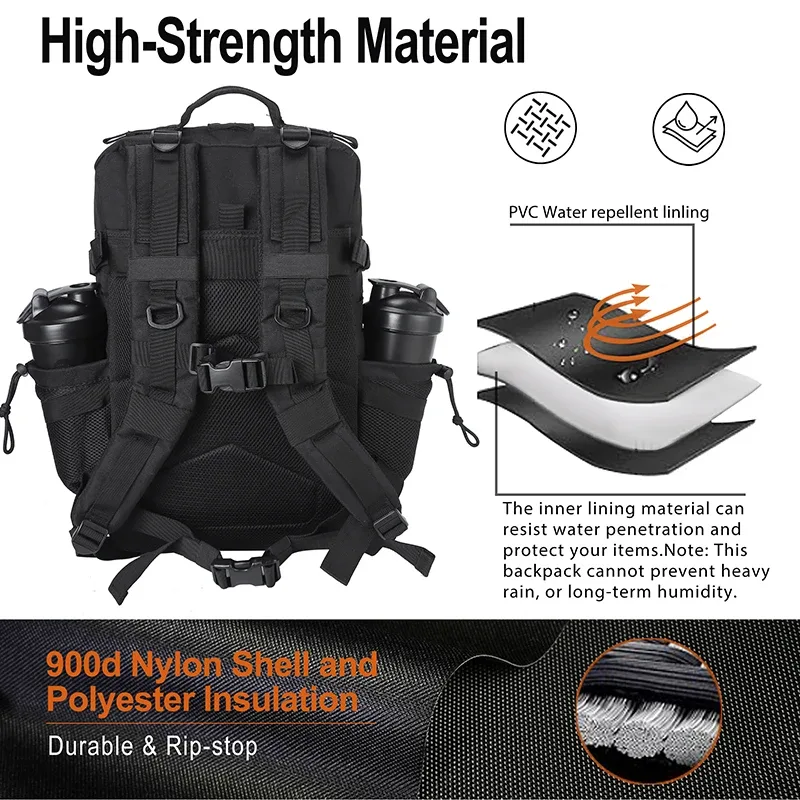 lhi 45l sac à dos tactique hommes noir spotrs athlète sac de sport camping en plein air randonnée sac à dos armée assaut pack avec porte-bouteille