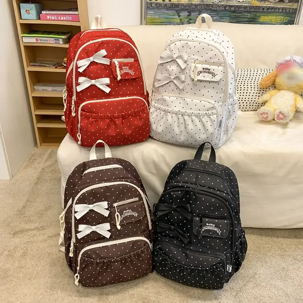 sac à dos en nylon pour filles, avec nœud à pois, cartable d'étudiant de grande capacité, antivol, multi-compartiments, pour ordinateur de voyage
