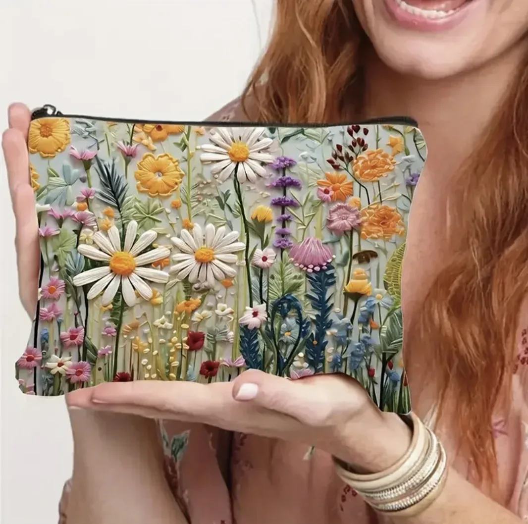 pochette de maquillage imprimée florale double face de grande capacité, organisateur de voyage, sac à main en lin pour femmes, sac de rangement de cosmétiques pour cadeau