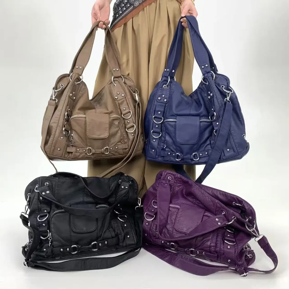 y2k fashion street – sac fourre-tout personnalisé pour femmes, grande capacité, rétro en détresse, sac à bandoulière en cuir végétalien pur