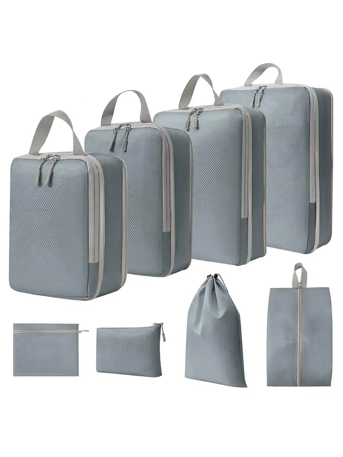 organisateur voyage polyester gris clair poignée noire fermeture glissière compressible sac chaussures rangement cube traçabilité usage polyvalent