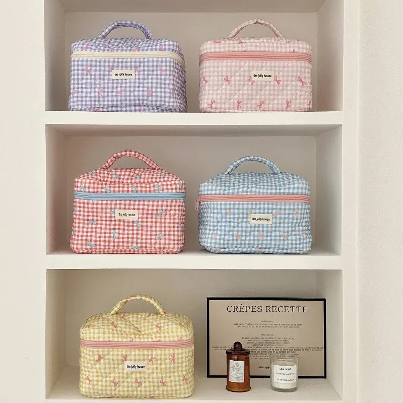 trousse de maquillage matelassée à carreaux avec nœud, grande capacité, pour pinceaux et soins de la peau, sac de voyage cosmétique
