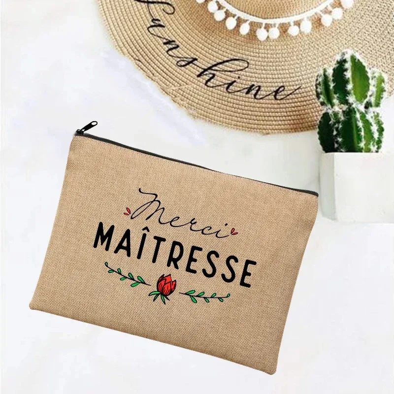cadeau maitresse école cadeau maitresse trousse de maquillage sacs de maquillage en lin merci professeur impression française simple bracelet pochette plage papeterie stockage voyage organisateur étui cadeaux