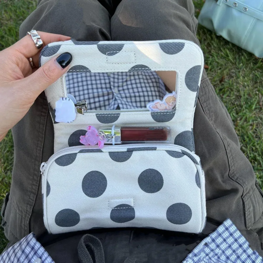 sac cosmétique portable en toile à pois, grande capacité, sac de rangement pour bijoux à rayures avec miroir de maquillage, multifonctionnel