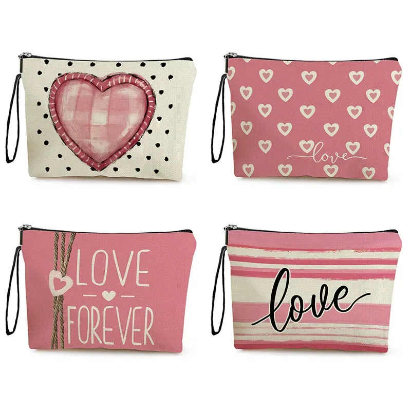 Pochette de maquillage Double face en forme de cœur rose pour la saint-valentin, sac de voyage pour rouge à lèvres, sac à crayons pour étudiant, sac à fermeture éclair pour cadeau