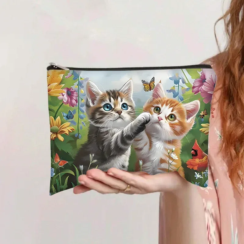 trousse de maquillage rétro chat, pochette de rangement de cosmétiques en toile de grande capacité, trousse de toilette portative avec fermeture éclair pour organisateur personnel
