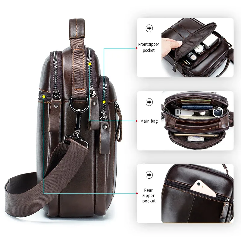 sac à bandoulière pour hommes, sac en cuir à la mode, sac à bandoulière rétro tendance pour hommes avec couche supérieure en peau de vache