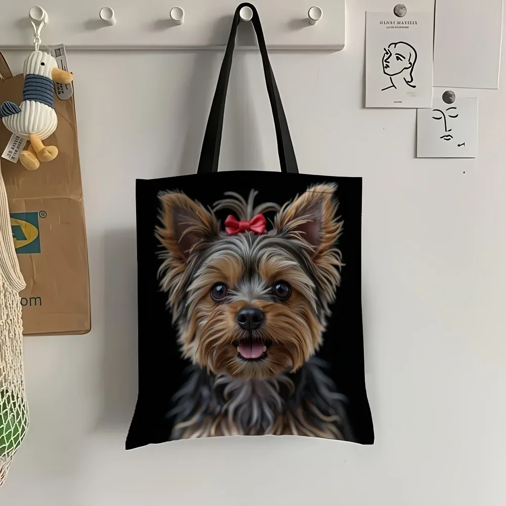 sac fourre-tout chic à imprimé chien, 1 pièce, en polyester, avec adorable motif yorkie, réutilisable pour femme, sac à bandoulière décontracté