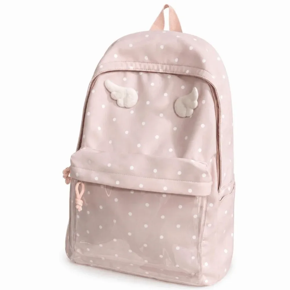 sac à dos à pois de 2 tailles, grande capacité, poche transparente, sac à dos scolaire, motif à pois, sac à dos ailes d'ange pour filles