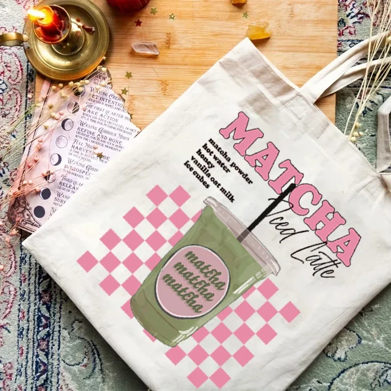 sac fourre-tout en toile à motif matcha latte, sac à bandoulière pour voyage, déplacements quotidiens, sac de courses réutilisable pour femmes, cadeau pour les amateurs de matcha, 1 pièce