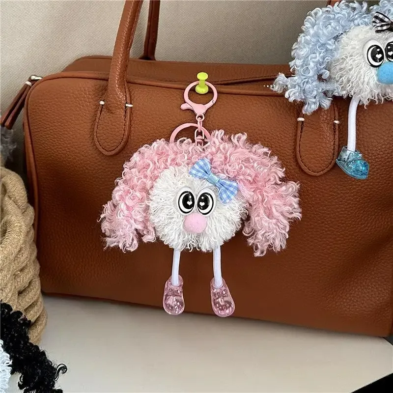 porte-clés poupée en peluche à cheveux bouclés et moelleux avec joli nœud, idéal comme pendentif de sac à dos, cadeau pour adolescentes