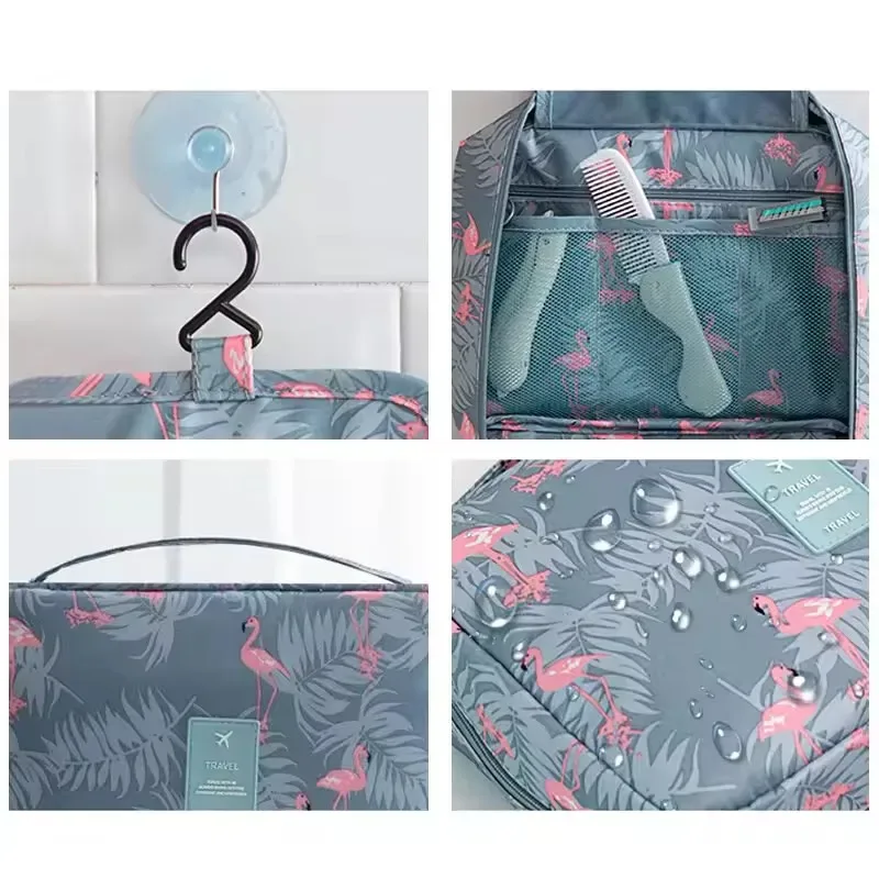 sac de voyage suspendu imperméable pour cosmétiques, imprimé flamant rose et citron, organiseur de maquillage portable, trousse de toilette pour femmes, rangement pour soins de la peau