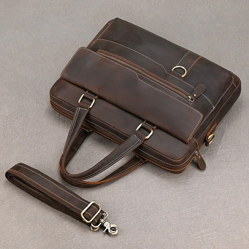 porte-documents en cuir véritable pour hommes, sac à main d'affaires en peau de vache pour ordinateur portable, style vintage, sac à bandoulière en cuir de cheval fou