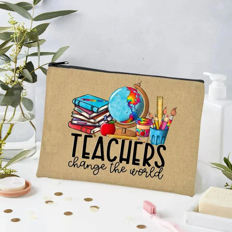 teacher change the world linen powder trousse de toilette de voyage pour femme, trousse de maquillage, cadeau de retour à l'école, sac à cosmétiques