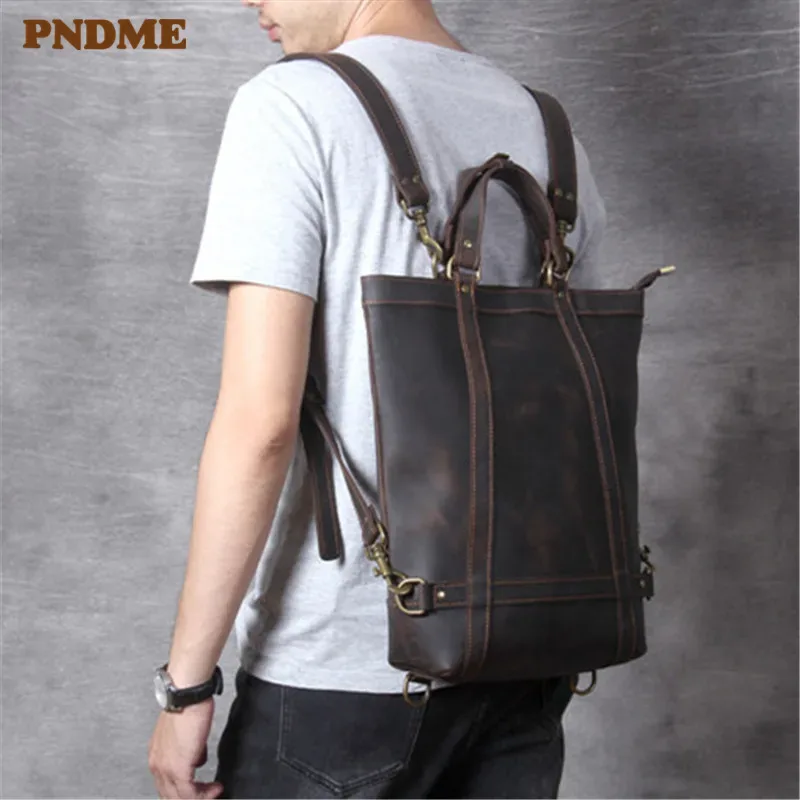 pndcloser-sac à dos multifonctionnel en cuir véritable pour hommes et femmes, sac à dos en cuir de vachette de cheval, sac à dos de travail pour ordinateur portable, sac à livres en élin naturel, vintage, voyage
