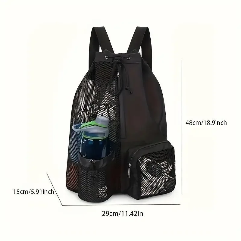 sac à dos respirant en maille noire avec cordon de serrage, poche latérale et bretelles durables pour la gym, la natation, la plage et les voyages en plein air