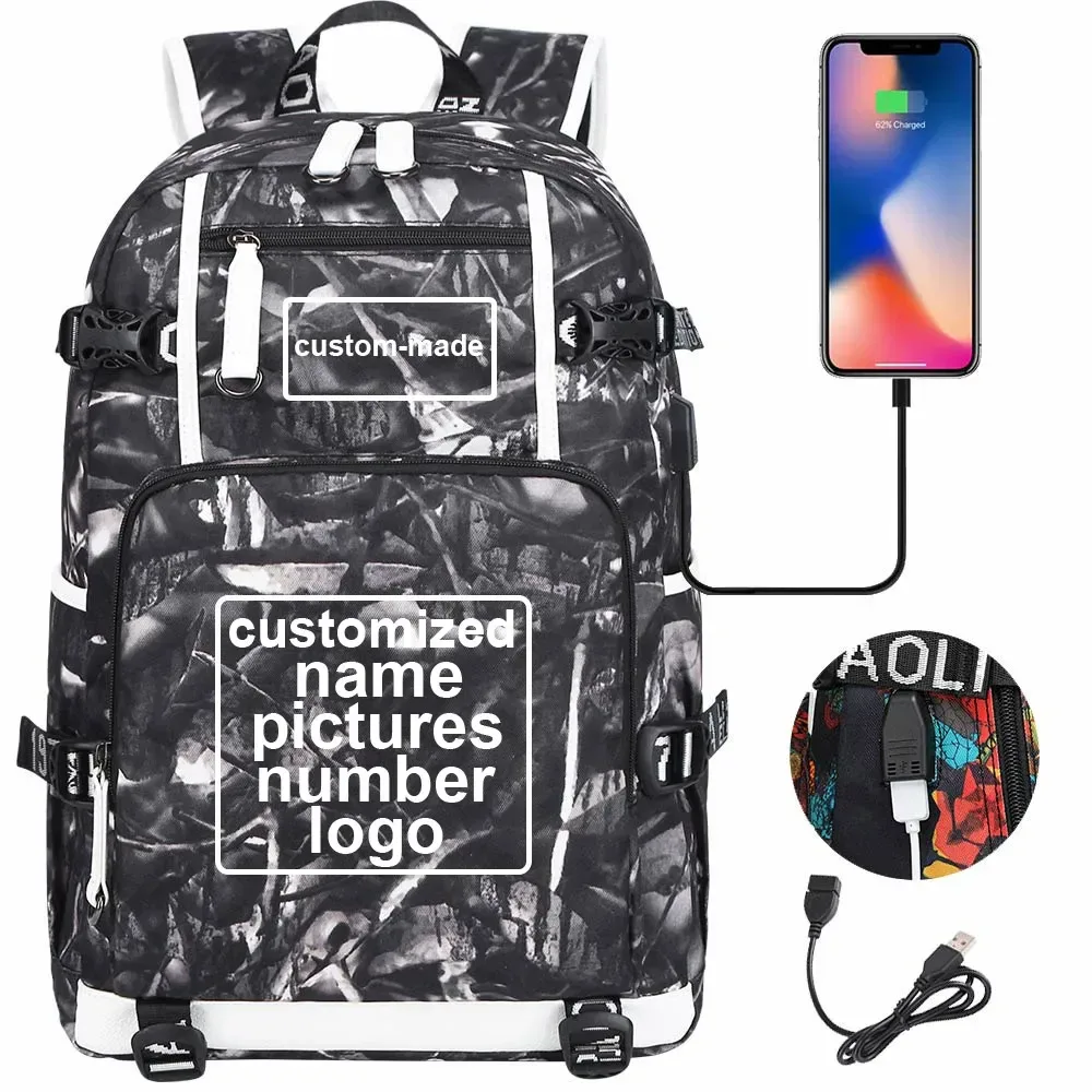 sac à dos en toile pour hommes et femmes, imprimé personnalisé, avec photo ou logo, pour enfants, garçons et filles, usb, pour ordinateur portable, grand sac de voyage