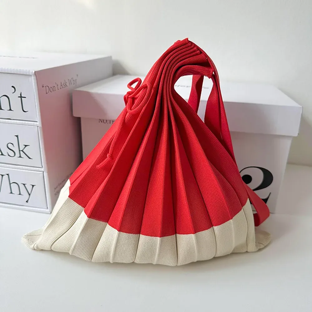 sac à main pliable en tricot, sac de courses grande capacité, sac écologique pliable, pochette à bandoulière, sac plissé de couleur contrastée, sac de voyage