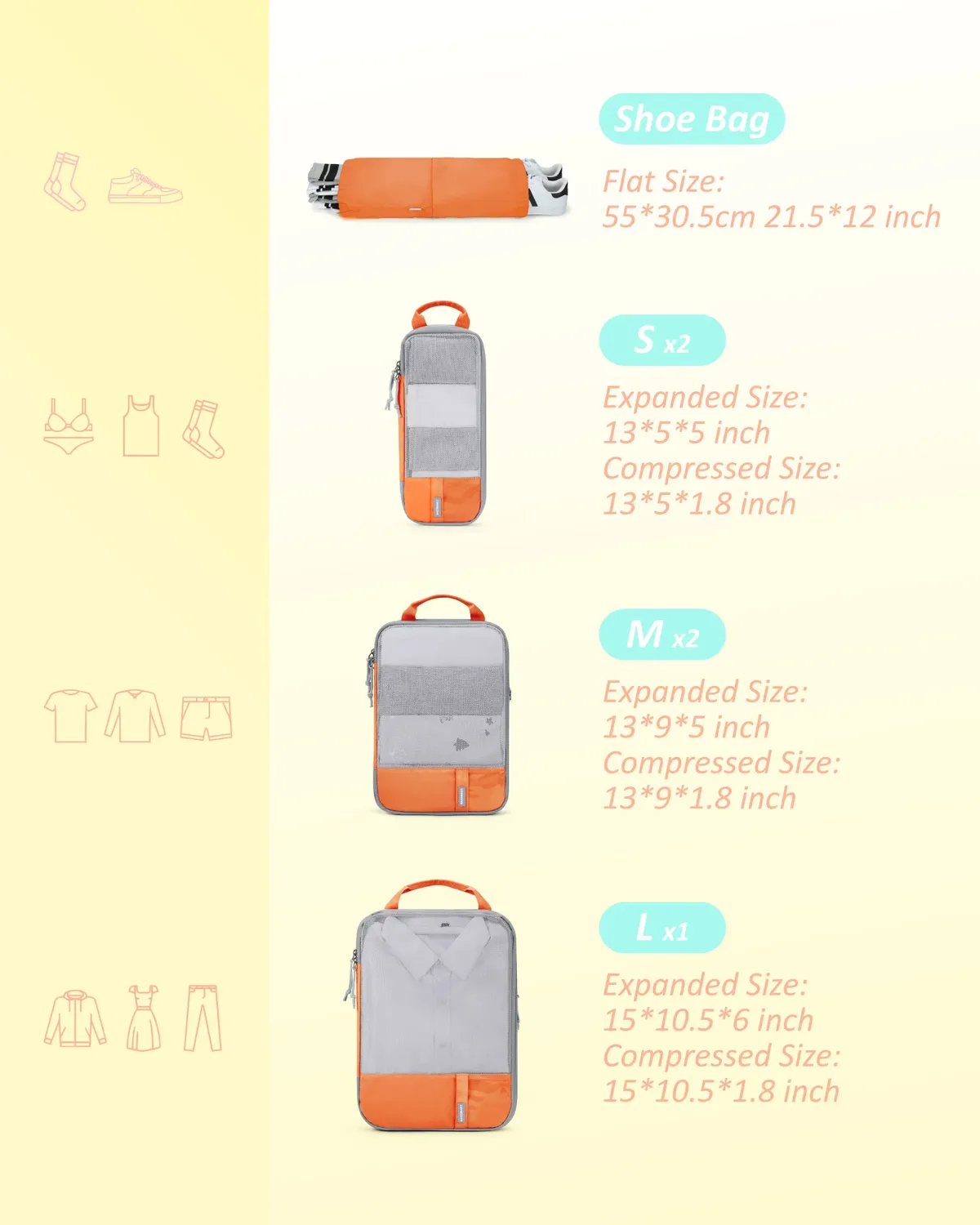 organisateur voyage polyester gris orange compresseur sac chaussures décontracté femmes sets compartiments zippés espacegain usage polyvalent voyages