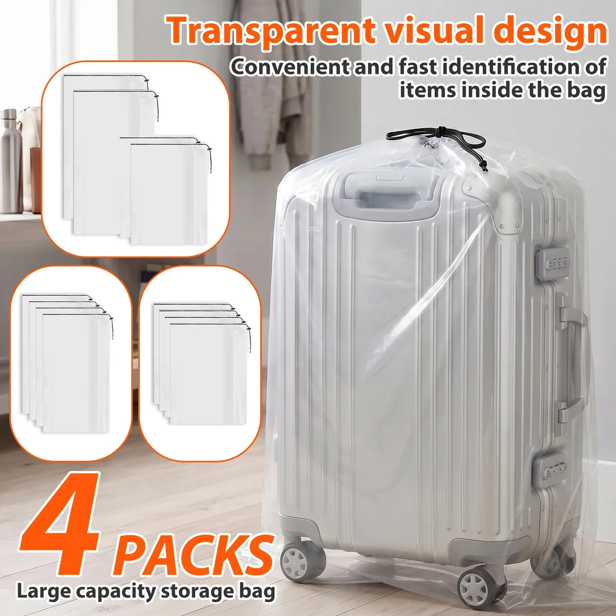 lot de 4 housses de protection transparentes pour valises avec cordon de serrage, sacs de rangement pour bagages, organiseurs de couvertures et de couettes, accessoires de voyage