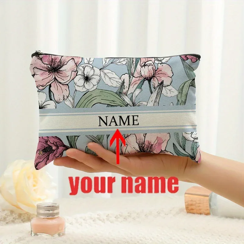 1 pièce trousse de maquillage personnalisée avec nom et motif floral imprimé, sac de rangement de voyage pour articles de toilette, organisateur de cadeaux de fête, pochette cosmétique