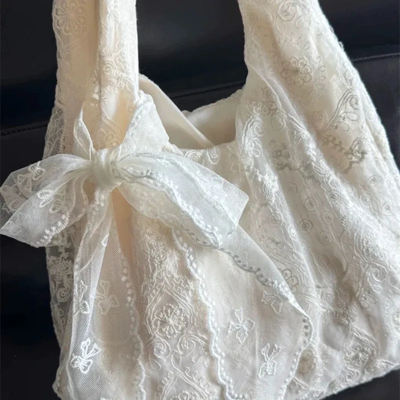sac fourre-tout en toile style coréen avec dentelle florale, grande capacité, sac à bandoulière pour femme, sac de navetteur, sac de style universitaire