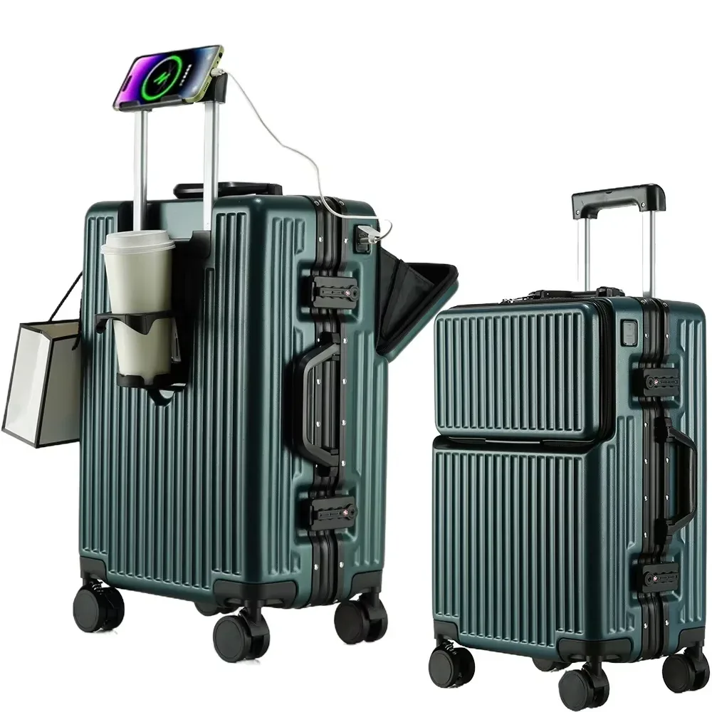 valise de cabine à roulettes avec cadre en aluminium, porte-gobelet usb, ouverture frontale et roues à frein pour une navigation aisée