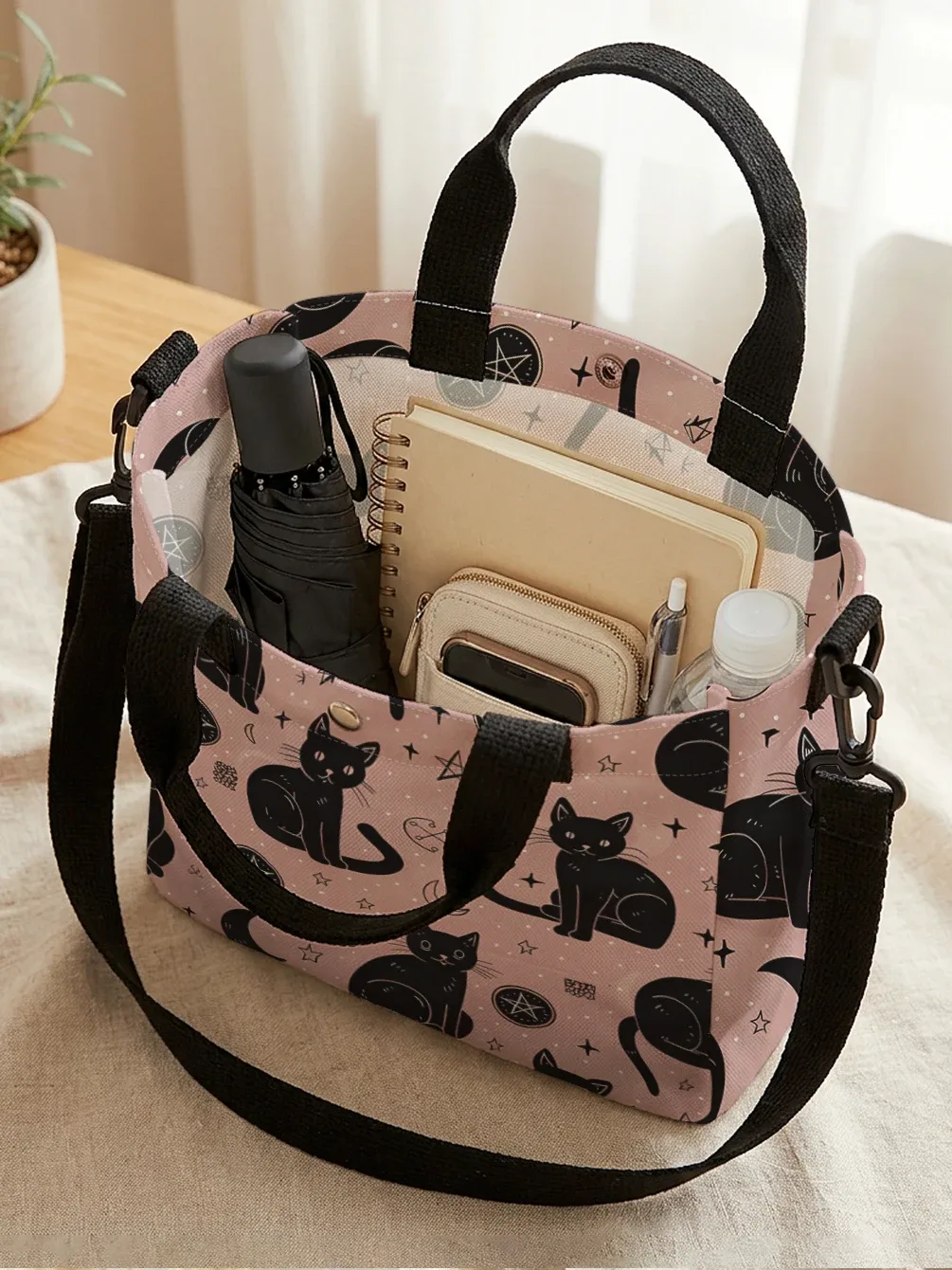 sac fourre-tout en toile rose imprimé lune et étoiles avec chat noir sorcière, bandoulière détachable, sac à main bandoulière pour femme, idéal pour le shopping quotidien