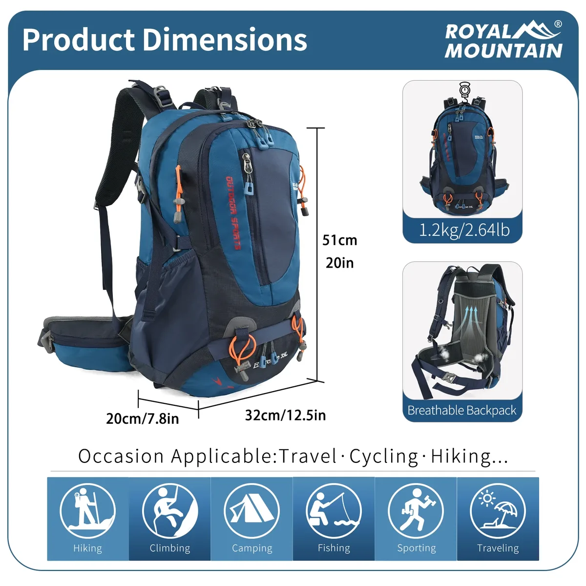 Sac à dos de randonnée ROYAL MOUNTAIN 35L avec compartiment pour chaussures, tissu résistant à l'eau, support de cadre arrière, rembourrage respirant
