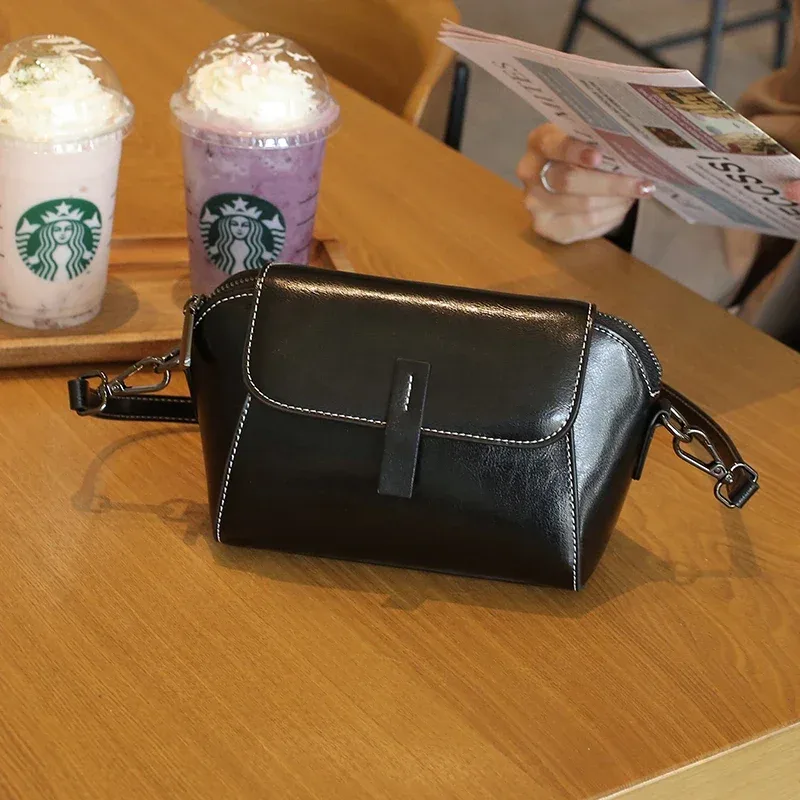 petit sac à bandoulière en cuir véritable de vache ciré à l'huile pour femme, sac à coque polyvalent à la mode, sac décontracté pour téléphone portable