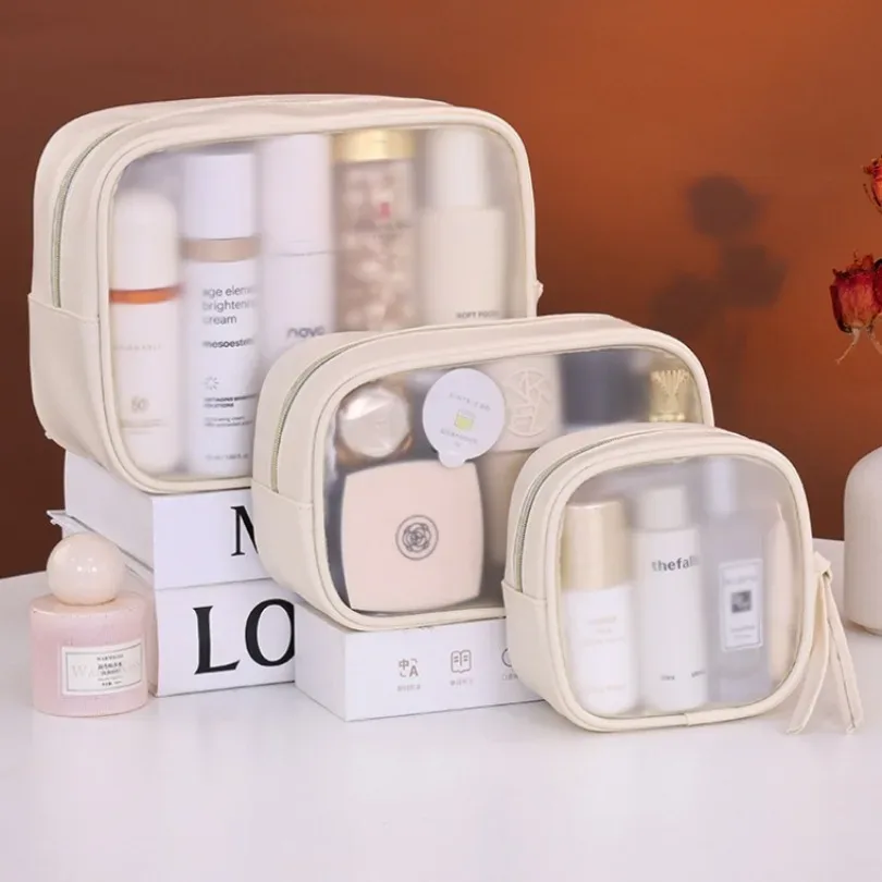 Ensemble de trousses de maquillage semi-transparentes de luxe, 3 pièces, grande capacité, organiseur de cosmétiques de voyage, pochette de rangement portable pour femmes