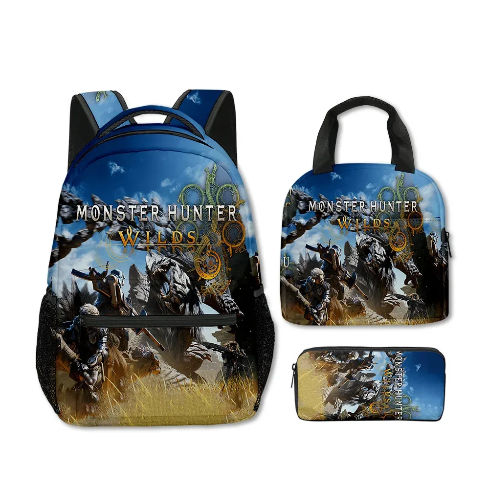 sacs d'école classiques populaires et amusants avec impression 3d de monstres sauvages, 3 pièces/ensemble, sac à dos de voyage, sac à déjeuner portable, trousse à crayons