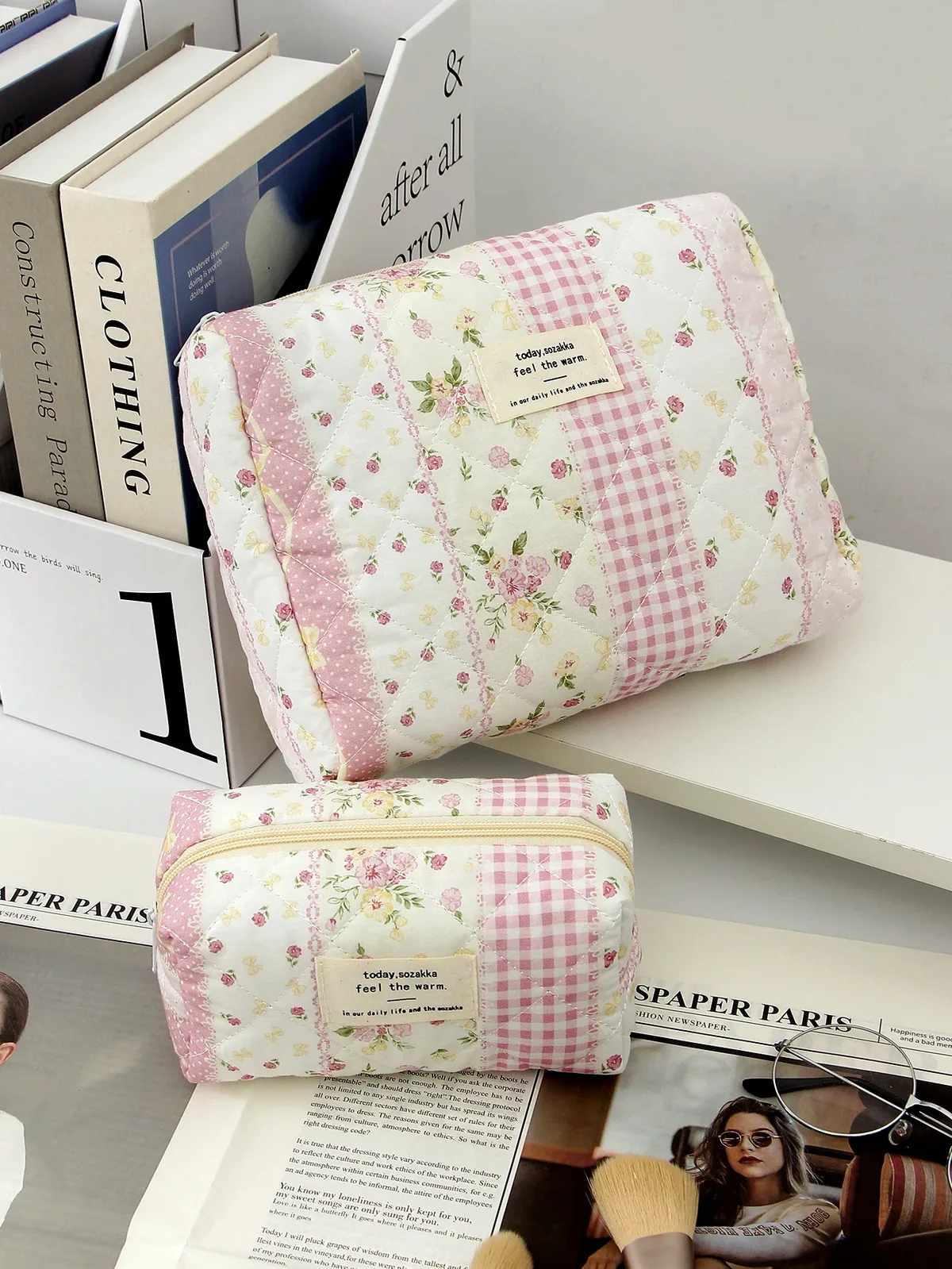 trousse toilette polyester motifs floral géométrique rose blanc beige voyage grande capacité maquillage cosmétiques