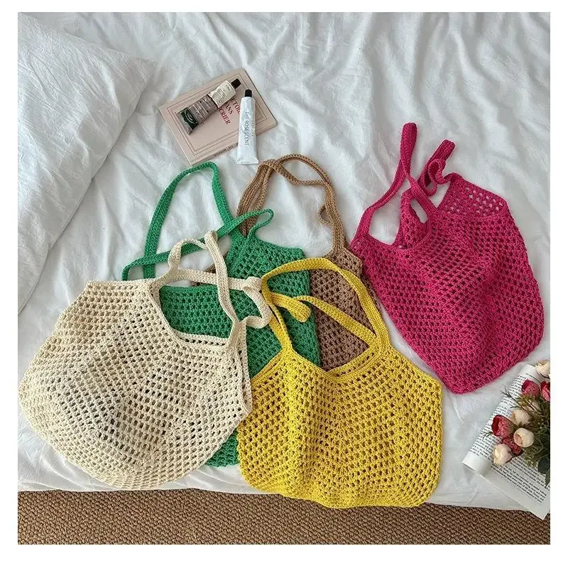 nouveau sac à bandoulière décontracté en coton tricoté grande capacité, style paresseux, avec motif ajouré en paille, pour femme, idéal pour les vacances et la plage