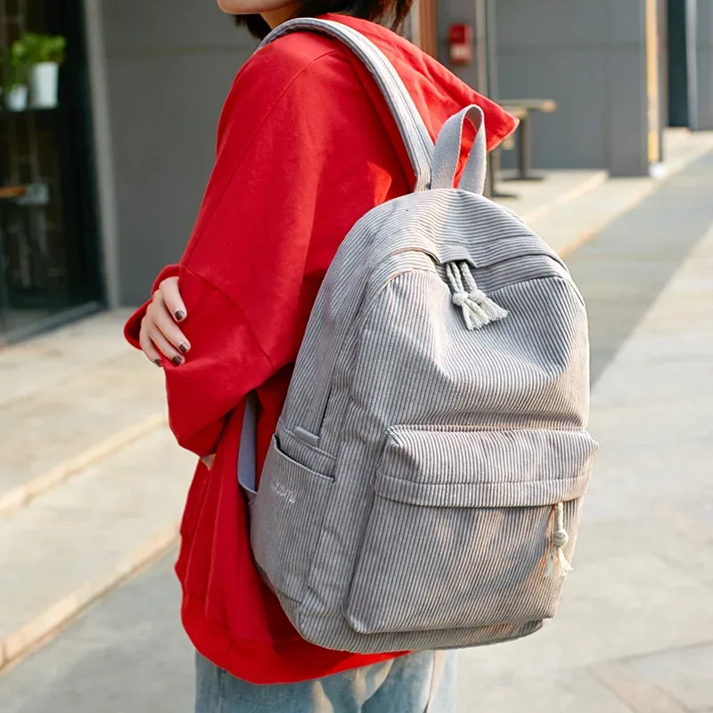 sac à dos simple en velours côtelé pour femmes, grande capacité, sacs d'école pour filles, sac de voyage portable pour adolescents, livre pour ordinateur portable