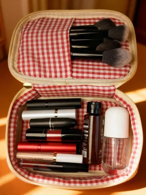 trousse de maquillage en peluche brodée motif fraise, sac de rangement multifonctionnel pour femme, sac à l'aspect esthétique.