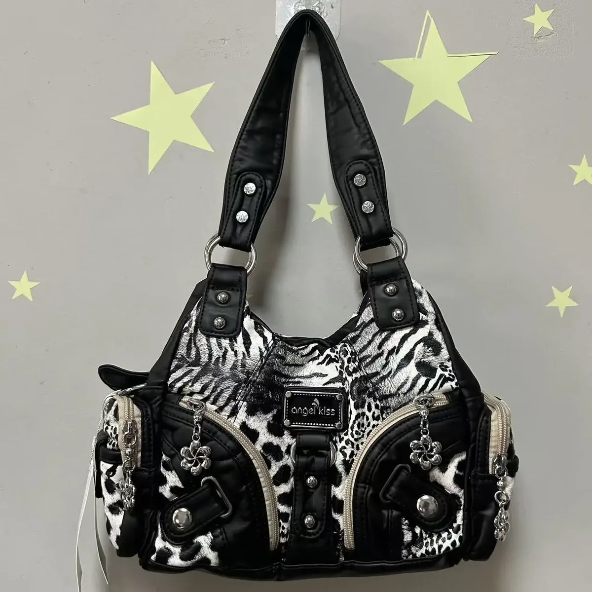 sac à bandoulière vintage y2k à imprimé léopard, sac à main en similicuir de style grunge des débuts des années 2000, sac hobo rétro punk