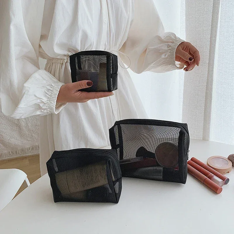 sacs à cosmétiques transparents en maille, petite et grande trousse de maquillage noire, trousse de toilette de voyage, rouge à lèvres, stockage de poudres