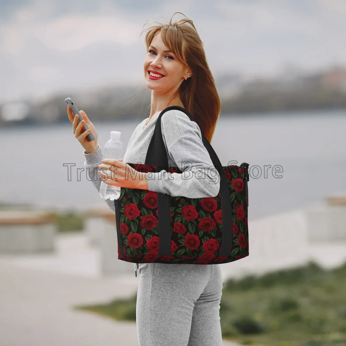 sacs de voyage à imprimé de roses rouges pour femmes, fourre-tout portable, étanche, idéal pour le week-end, la nuit, la salle de sport et la plage, 03/