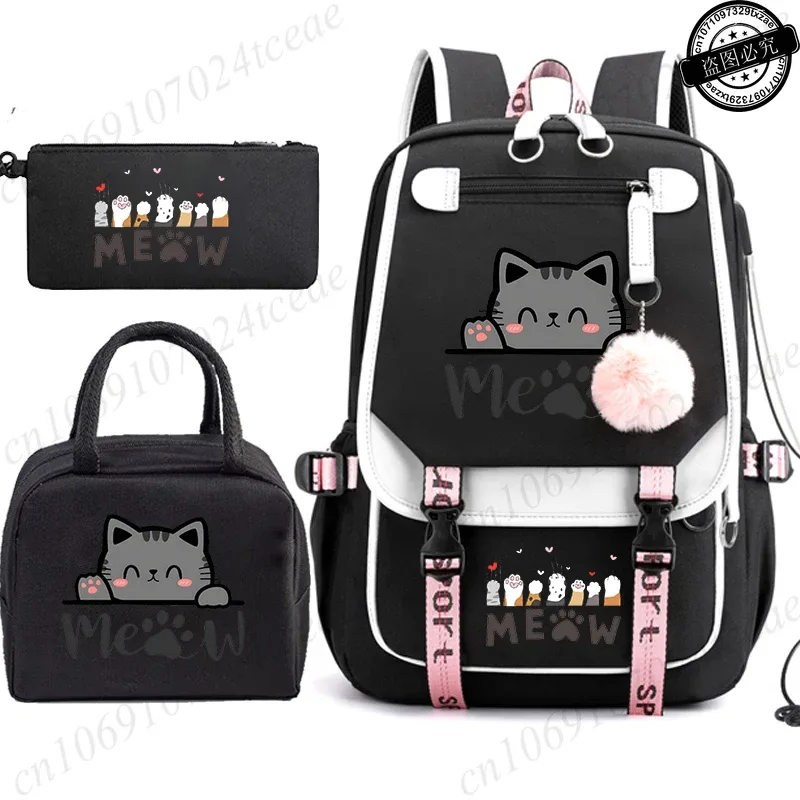 sac à dos scolaire pour adolescents, sac à dos quotidien pour étudiants, sac à dos pour filles, sac à dos scolaire à motif de chat noir, avec sac à lunch et trousse à crayons, 3 pièces/ensemble